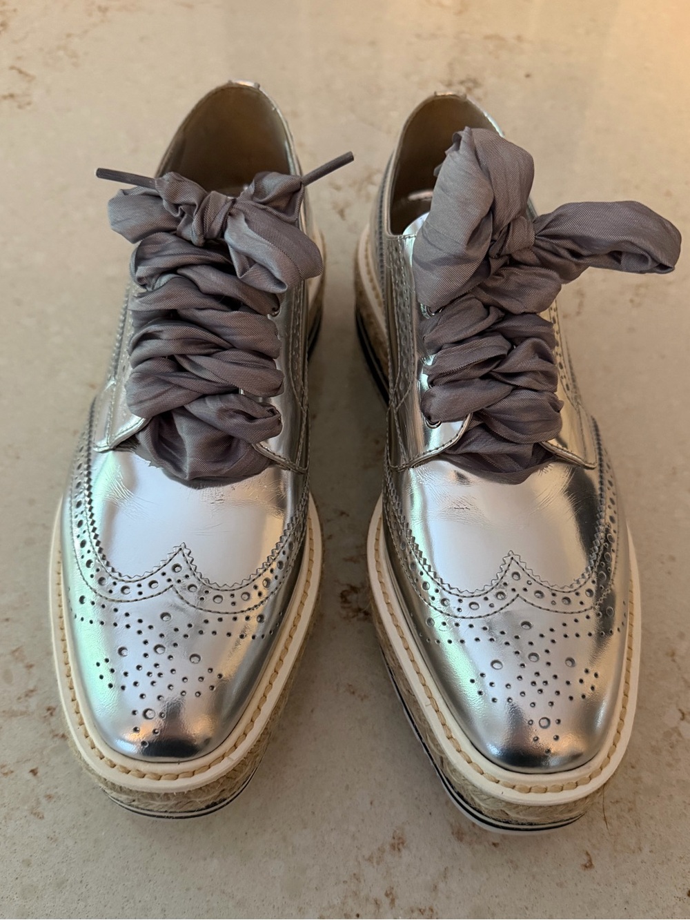 *Flawed* Prada Metallic Silver Brogue Wingtip Platform Derby Loafers